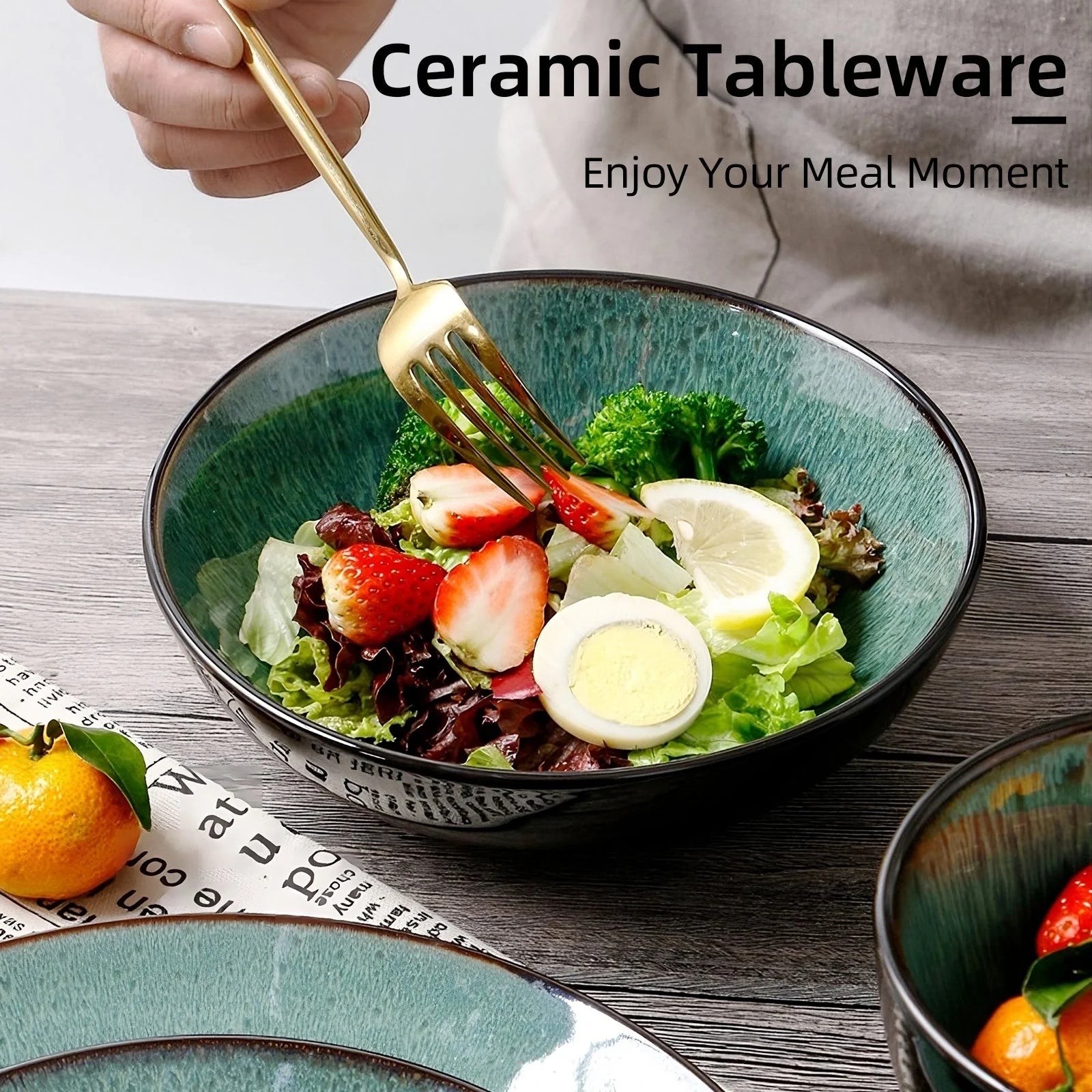 Unique peacock green ceramic bowl set, 30oz each, dishwasher, microwave, and oven safe