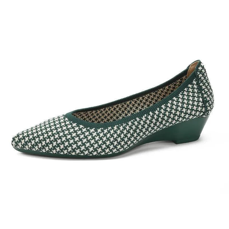 Women's wedge pumps with breathable mesh upper, pointed toe, and low rubber sole in leopard print pattern