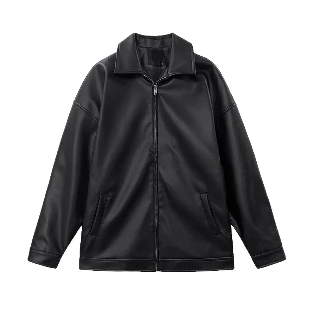 Men's black Korean leather casual baseball jacket, loose fit, side seam pockets, sizes M to 3XL