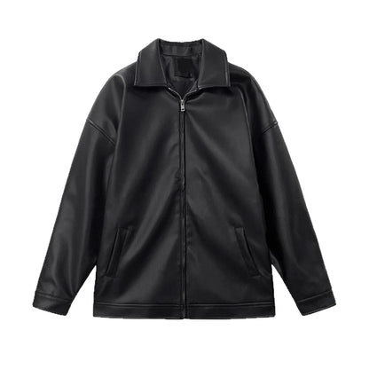 Men's black Korean leather casual baseball jacket, loose fit, side seam pockets, sizes M to 3XL