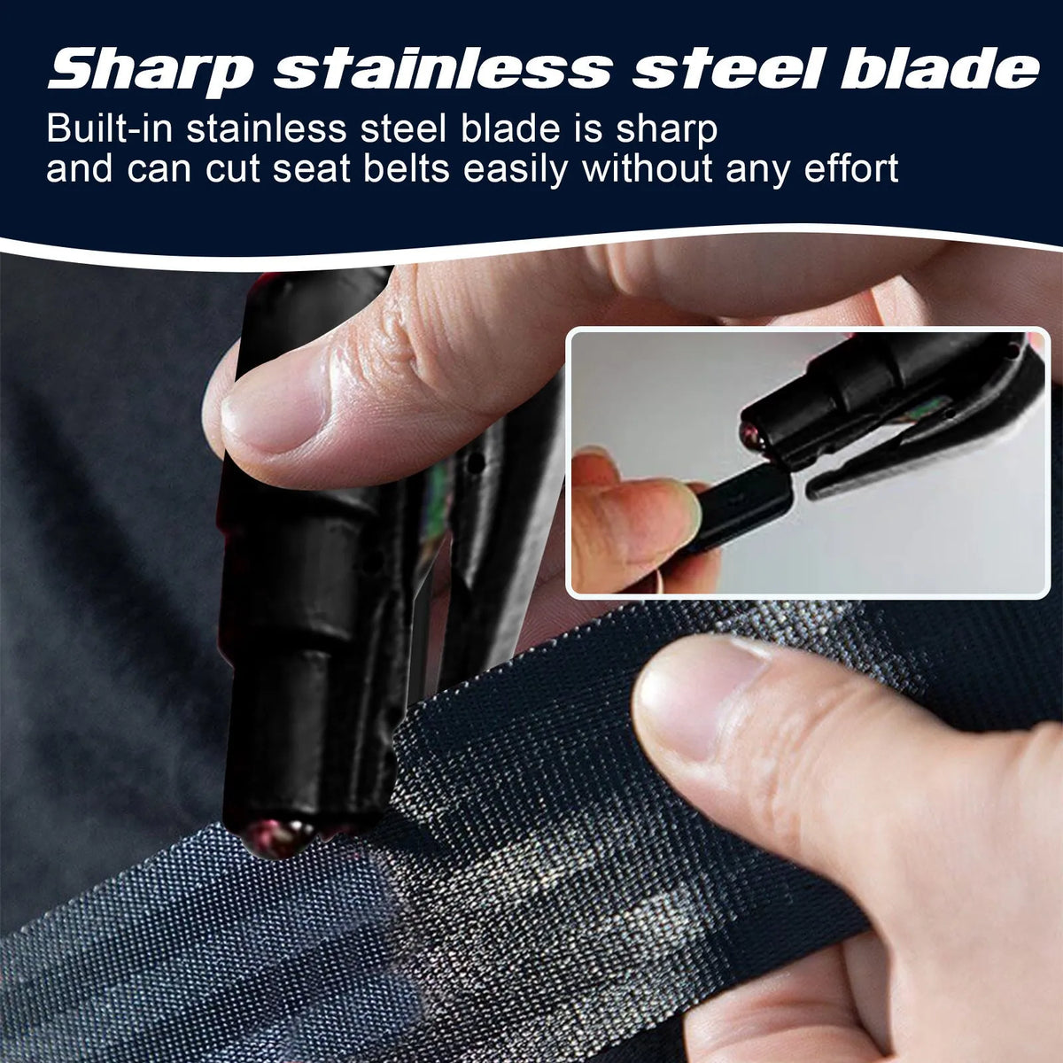 Compact car emergency hammer with window breaker and seatbelt cutter measuring 3.5 by 7.5 cm