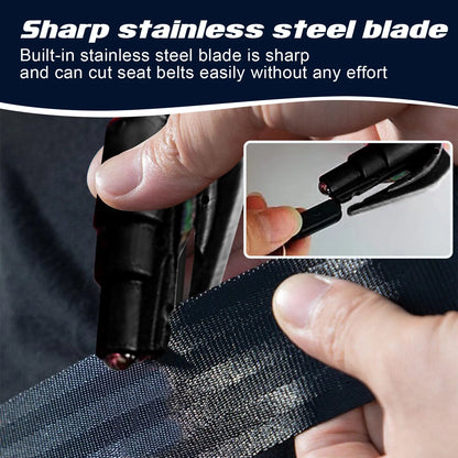 Compact car emergency hammer with window breaker and seatbelt cutter measuring 3.5 by 7.5 cm