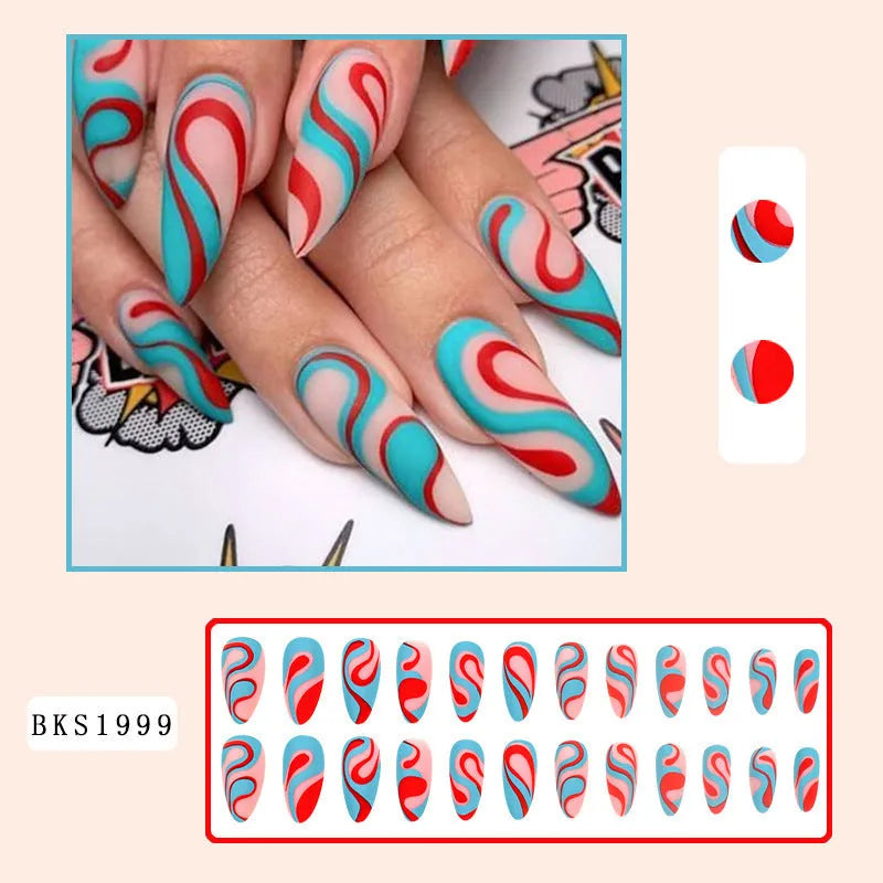 Set of almond-shaped rainbow patterned false nail stickers in European Square shape on four colour backgrounds.