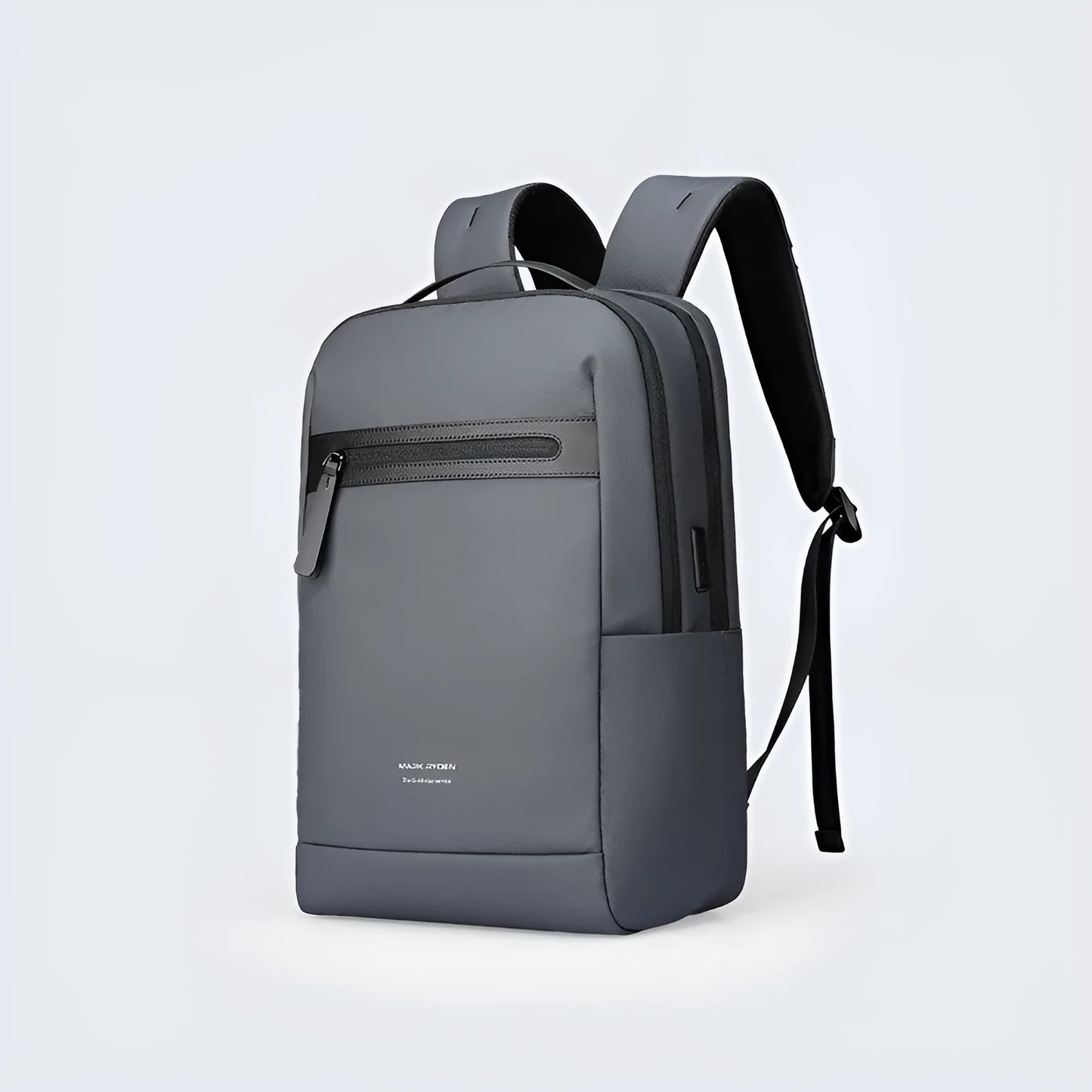 Graphite grey USB business backpack with Oxford cloth exterior showing sewing thread details and charging port