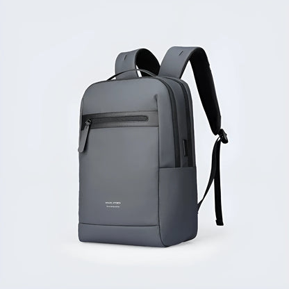 Graphite grey USB business backpack with Oxford cloth exterior showing sewing thread details and charging port