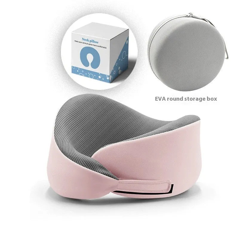 Light grey memory foam U-shaped neck pillow with a magnetic cloth protector.