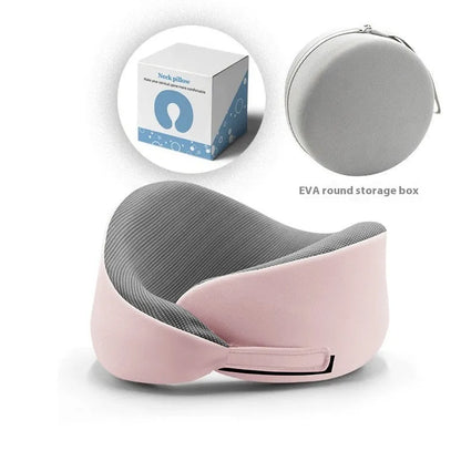 Light grey memory foam U-shaped neck pillow with a magnetic cloth protector.