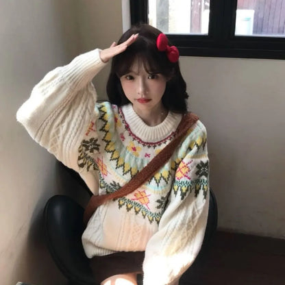 Women's milky white lantern sleeve pullover sweater with loose fit