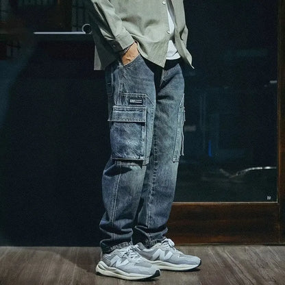 Men's blue loose straight retro jeans with stretch polyester denim fabric