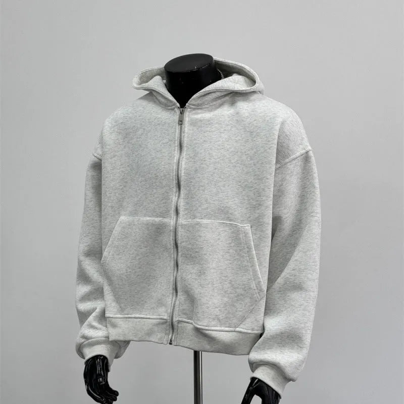 Men's light grey hooded sweatshirt jacket featuring a distinctive schoolbag design on the back.