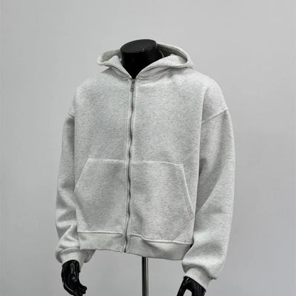 Men's light grey hooded sweatshirt jacket featuring a distinctive schoolbag design on the back.