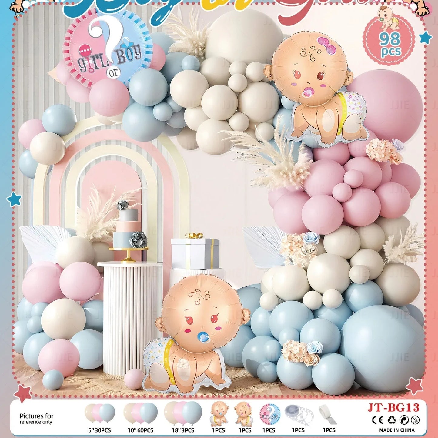 Baby gender reveal balloon decoration suit with metallic aluminium film balloons in pink and blue
