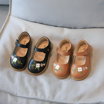 Girls' leather shoes with embroidery, Velcro fastening, two-layer cowhide upper, beef tendon sole, black khaki or ivory white