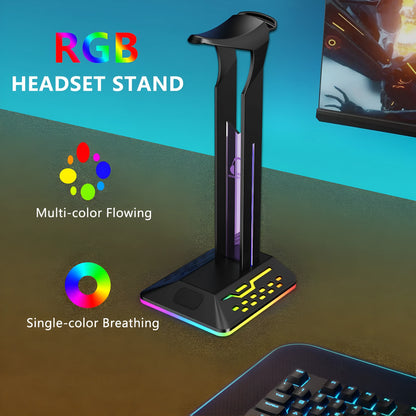 RGB colour changing headset bracket stand with dual USB ports on a desktop