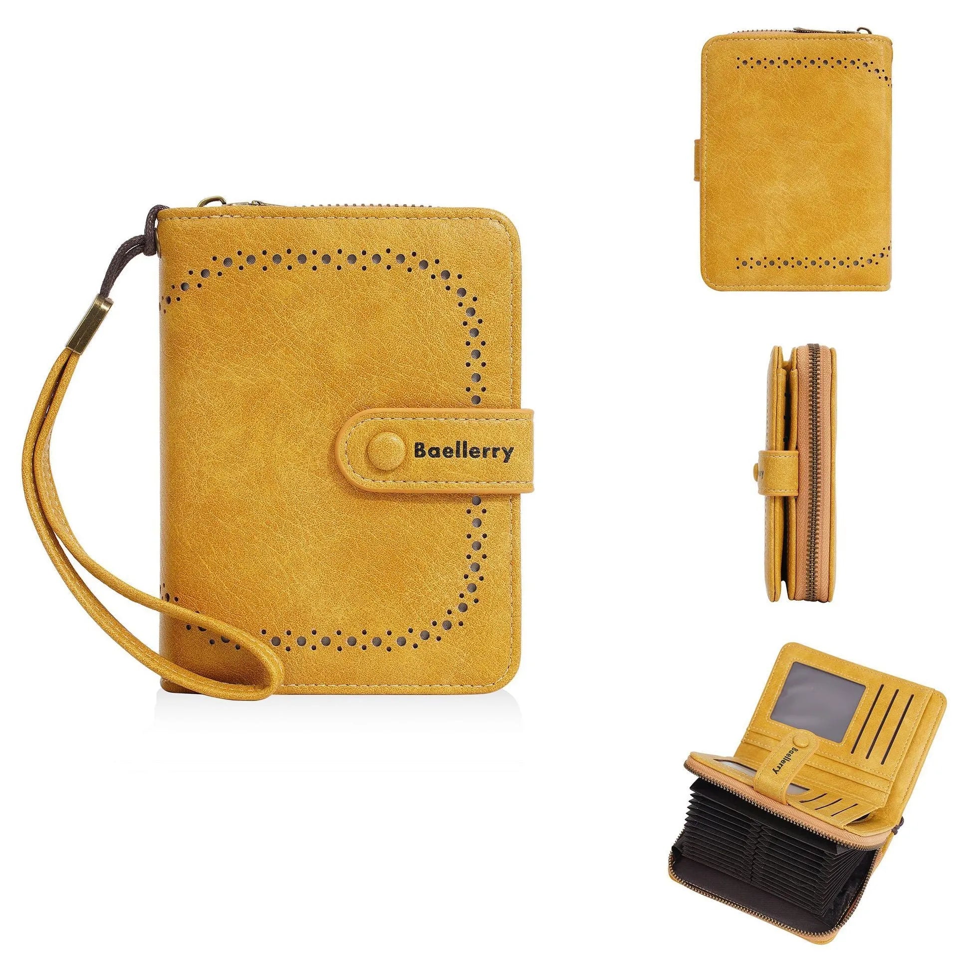 Women's black PU leather zip coin purse wallet with integrated card slots lying flat.