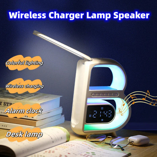 Multifunctional B-shaped Bluetooth speaker lamp with wireless charging, adjustable lighting, and alarm clock features
