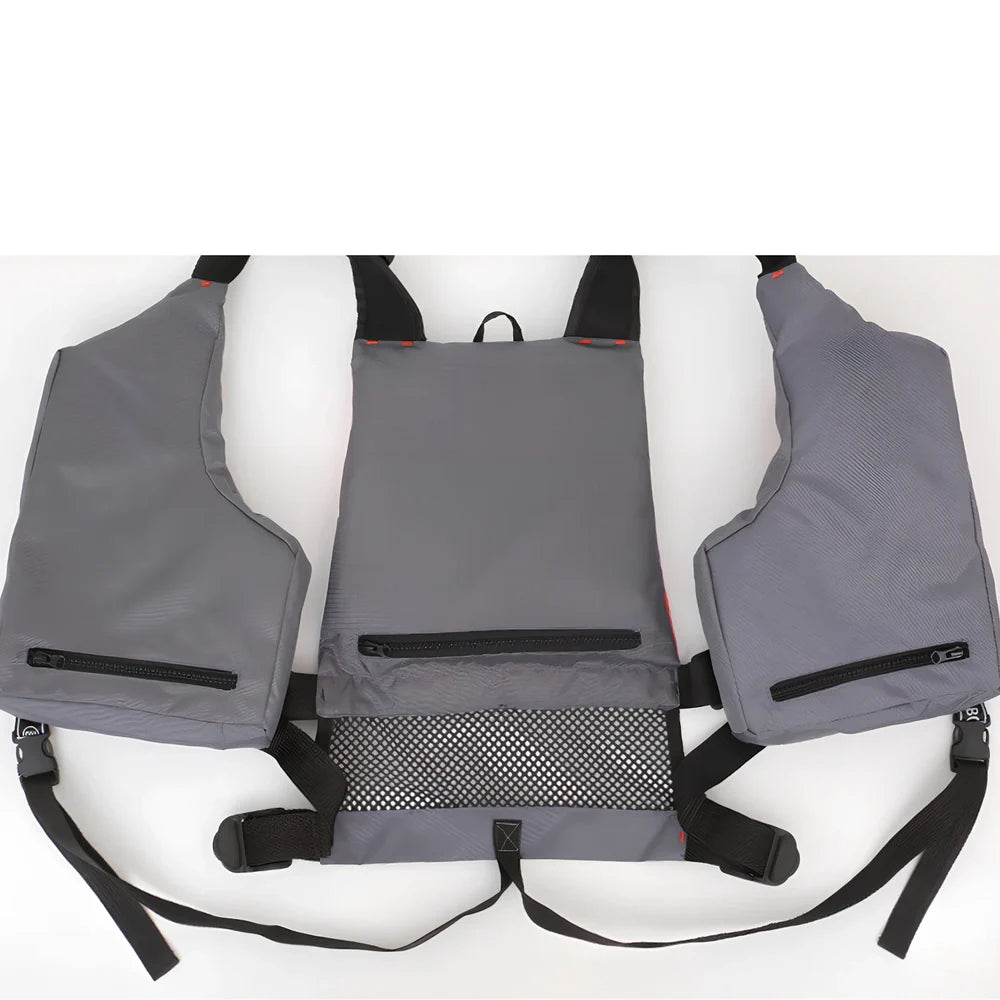 Grey-red Oxford cloth swim vest with adjustable side straps for fishing and water safety