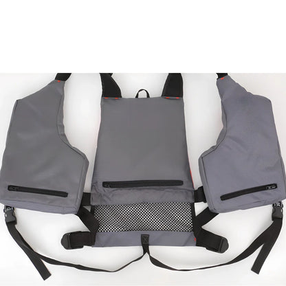 Grey-red Oxford cloth swim vest with adjustable side straps for fishing and water safety