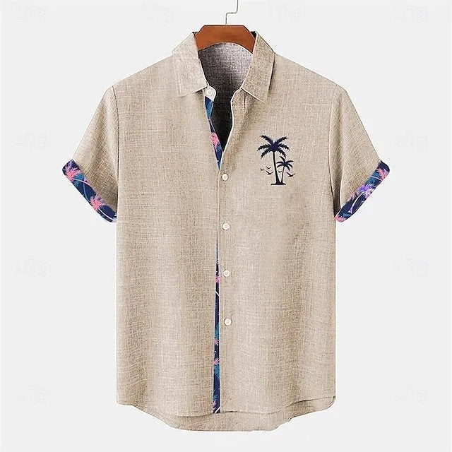 Linen short-sleeve shirt with ocean fish pattern on lapel, loose fit design, shown in one of 12 available colours