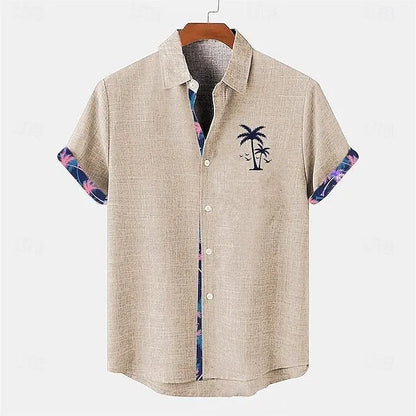 Linen short-sleeve shirt with ocean fish pattern on lapel, loose fit design, shown in one of 12 available colours