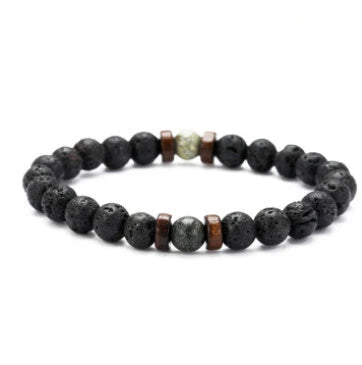 A stylish and durable men's bracelet made with volcanic stone, flash stone, and wood chips