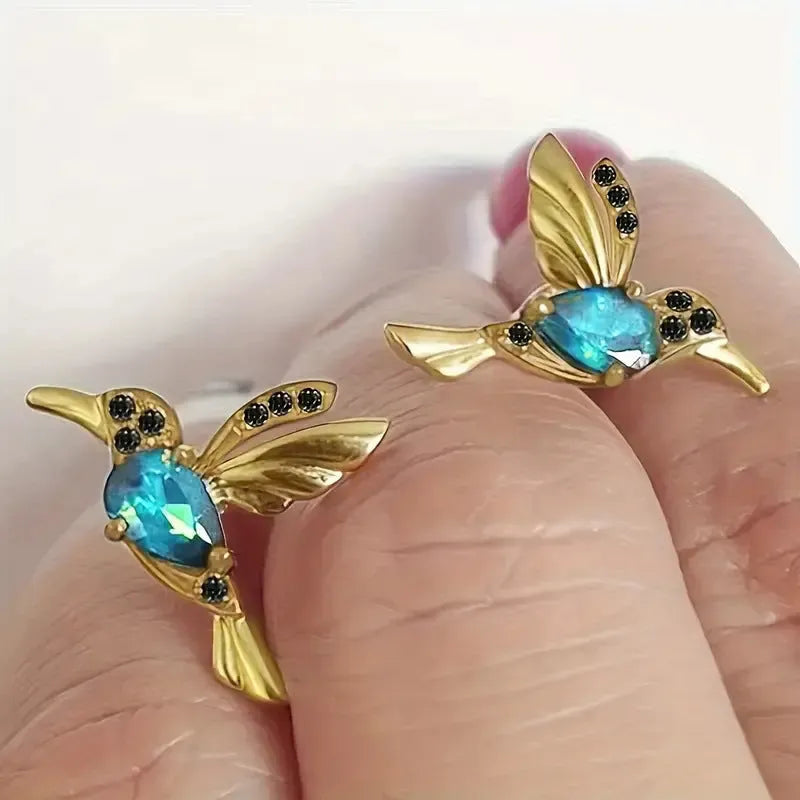 Long drop bird design earrings with mixed zirconium wings in red, blue, or red lvzuan colour options.