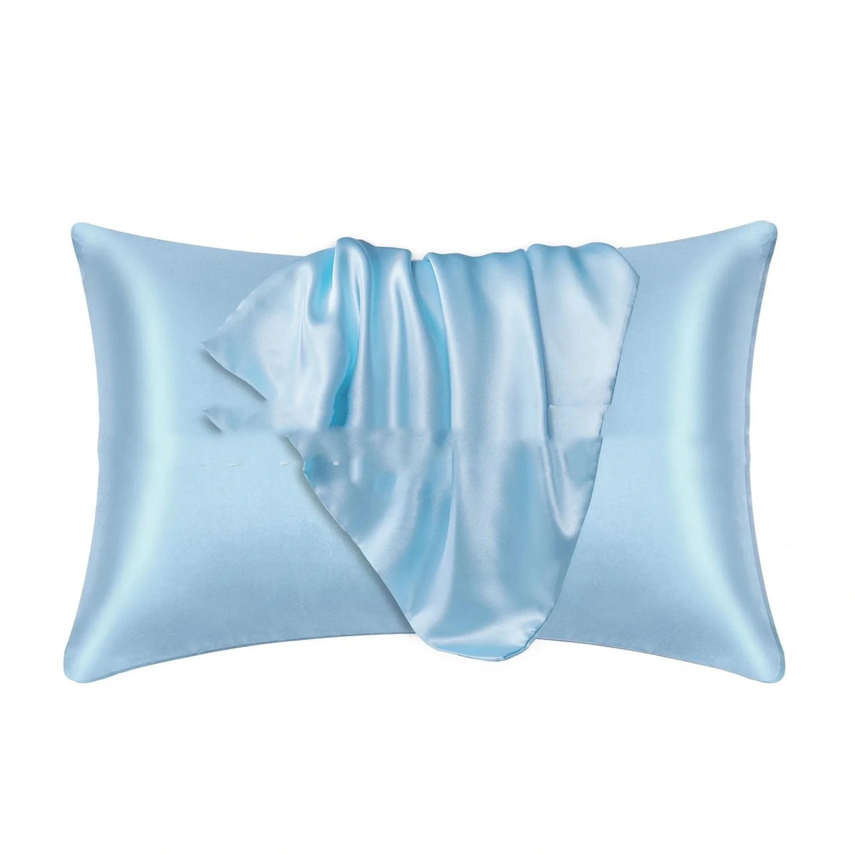 Envelope closure pillowcase in navy blue showing overlapping flap design and smooth polyester fabric texture