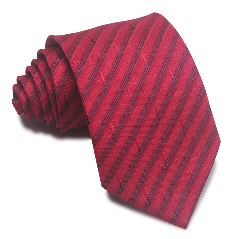 Close-up of a red and black striped men's business tie with a textured Jacquard weave, showing the 8cm width and arrow point shape.