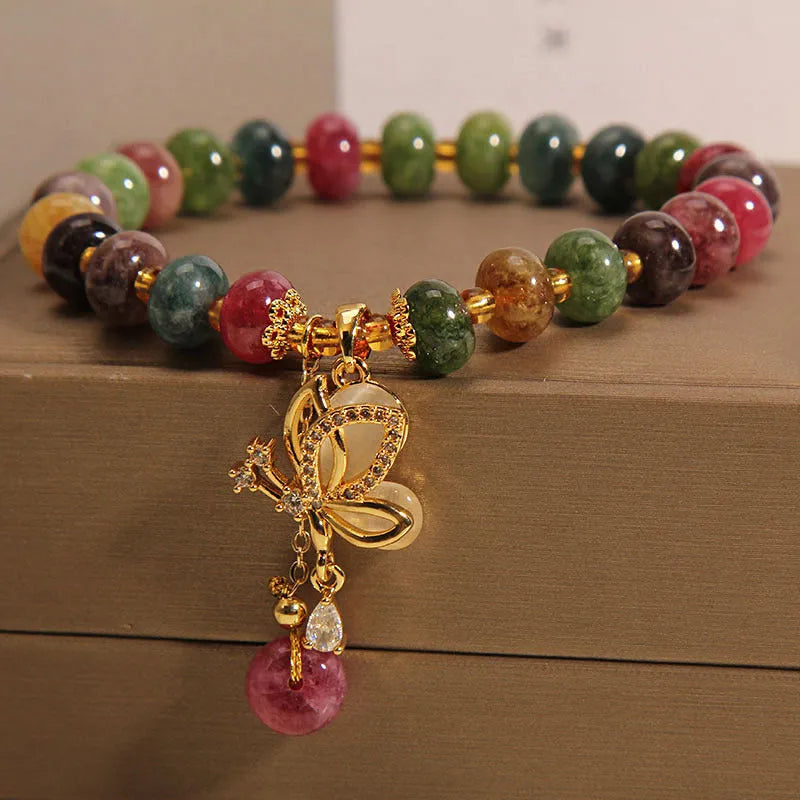 Women's colourful butterfly bracelet crafted from alloy with colourful beads and tourmaline accents, featuring a fresh and sweet style classification for a weight of 40 units, delivered as a single piece jewellery accessory.
