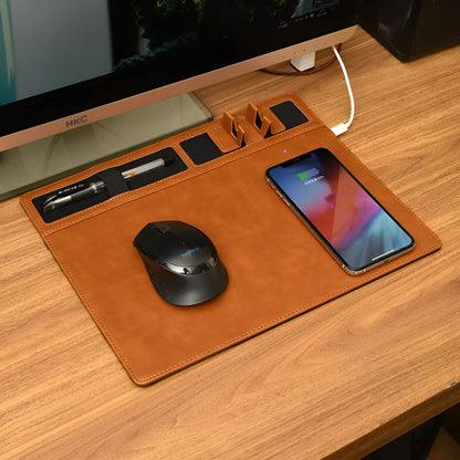 PU leather wireless charging mouse pad with phone holder in black, brown, grey, or pink colours