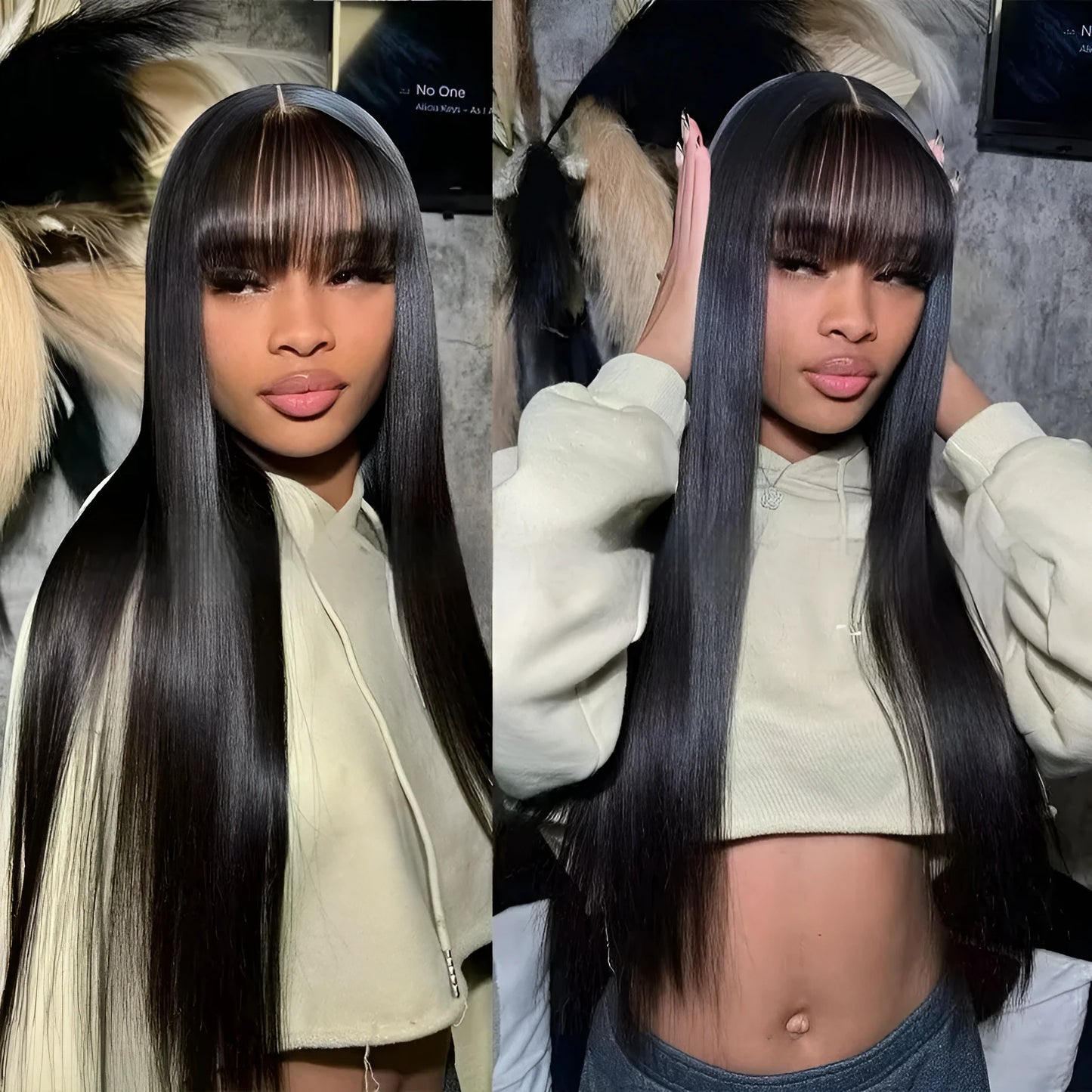 Women's natural colour full lace human hair wig on a stand, showing length options.
