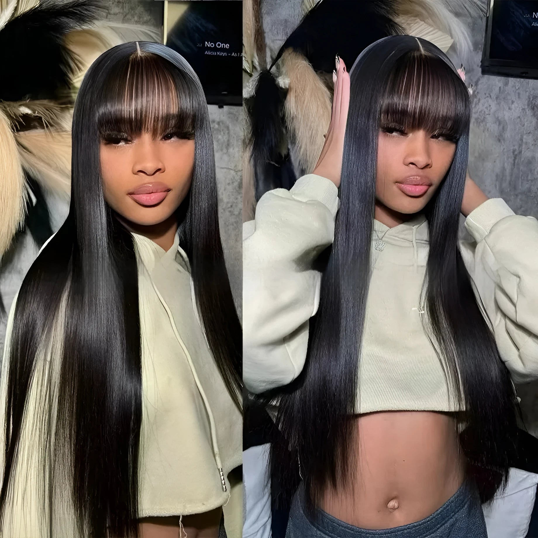 Women's natural colour full lace human hair wig on a stand, showing length options.
