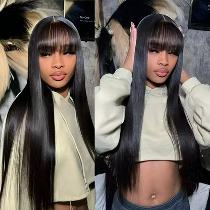 Women's natural colour full lace human hair wig on a stand, showing length options.