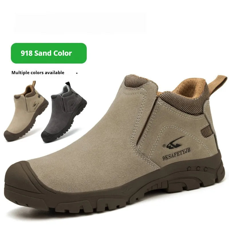 Low-top welder safety work shoe in sand colour with steel toe cap and lace-up front.