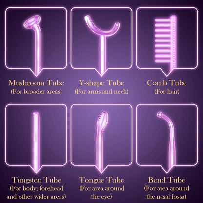 Purple high wave electrotherapy rod beauty instrument with six accessory heads for skincare treatments