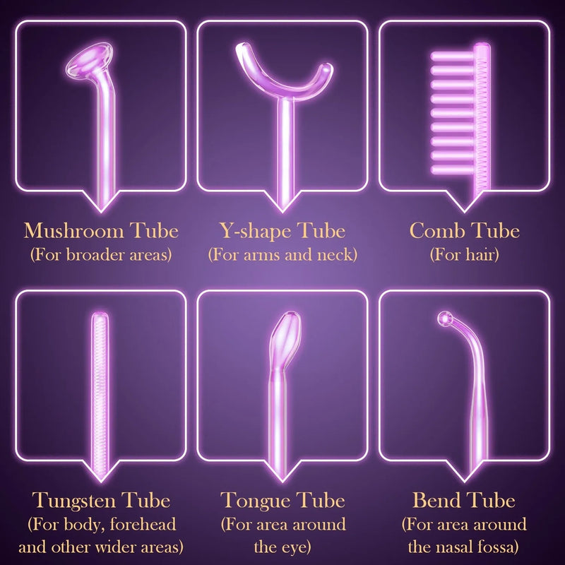 High Wave Electrotherapy Rod six-piece beauty instrument for professional and personal skincare treatments, featuring multiple attachment heads including American Standard, British Standard, and European Standard connectors in purple finish