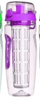 32oz clear Tritan plastic fruit infuser water bottle with a separate fruit cup and leakproof lid.