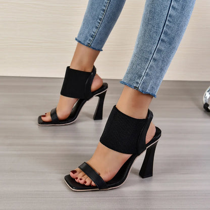 Women's high heel sandals with elastic strap in Black, Milky White, and Brown colours