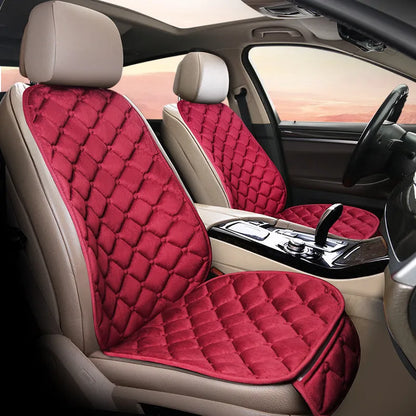 Ringer plush cotton car seat cushion in burgundy colour on a car seat.
