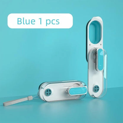 Portable blue dog water bottle with a foldable silicone drinking bowl extended, for outdoor use.