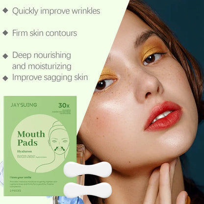 Two facial firming patches showing 4.7cm by 7.8cm dimensions with hyaluronic acid and collagen formulation