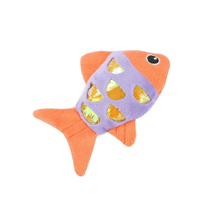 Two small plush goldfish cat toys with crinkle paper sound layer and catnip filling