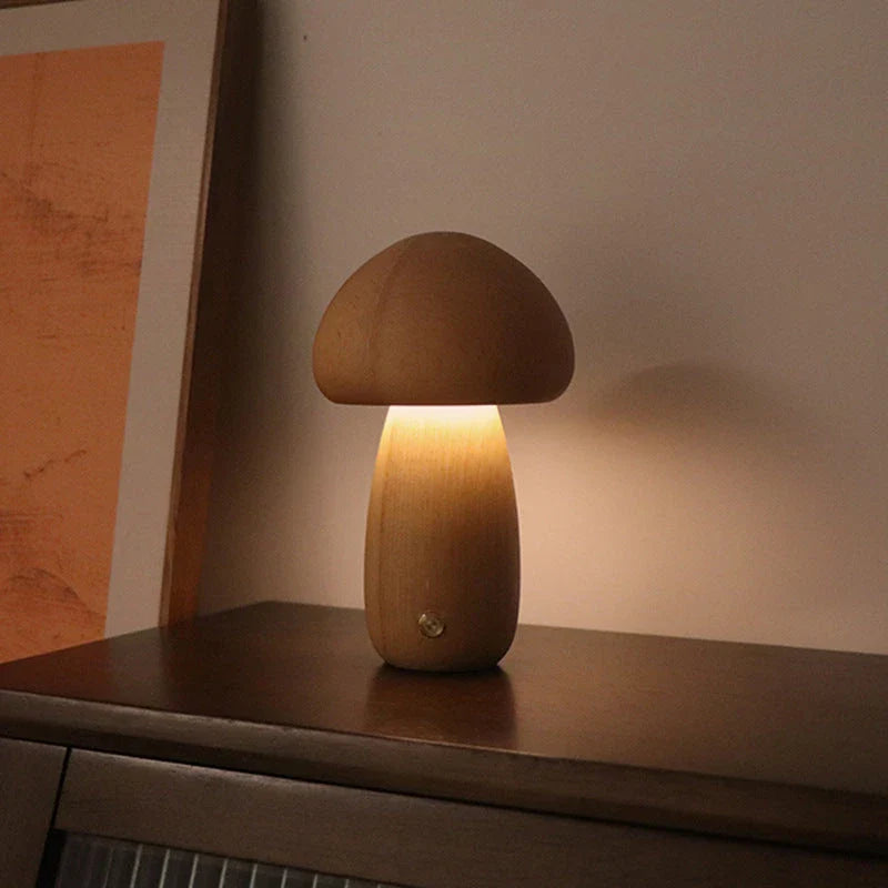 Charming wooden mushroom-shaped LED night light with touch control for bedroom, nursery, or living room decor
