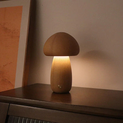 Charming wooden mushroom-shaped LED night light with touch control for bedroom, nursery, or living room decor