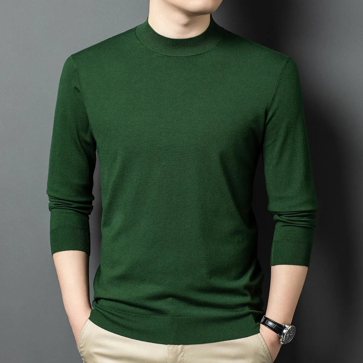 Men's round neck long sleeve pullover sweater in a Mulberry Silk and Wool blend for winter.