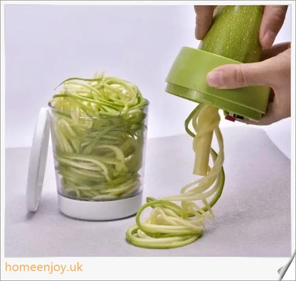 Adjustable spiral cutter with container for creating decorative vegetable and fruit spirals in the kitchen