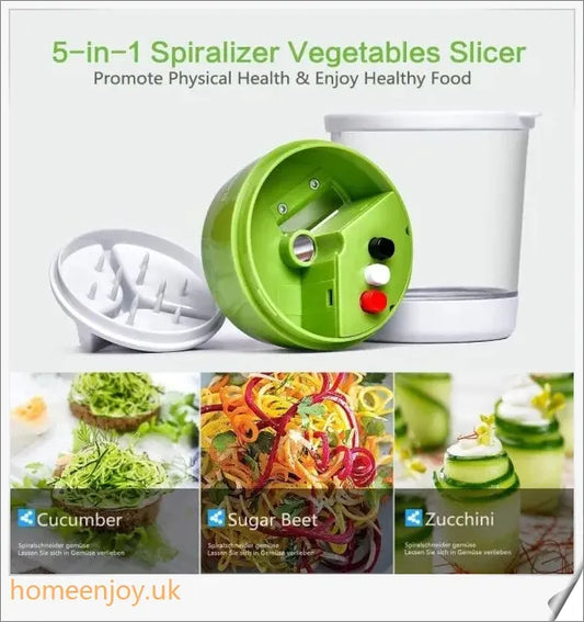 Adjustable spiral cutter with container for creating decorative vegetable and fruit spirals in the kitchen