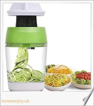 Adjustable spiral cutter with container for creating decorative vegetable and fruit spirals in the kitchen