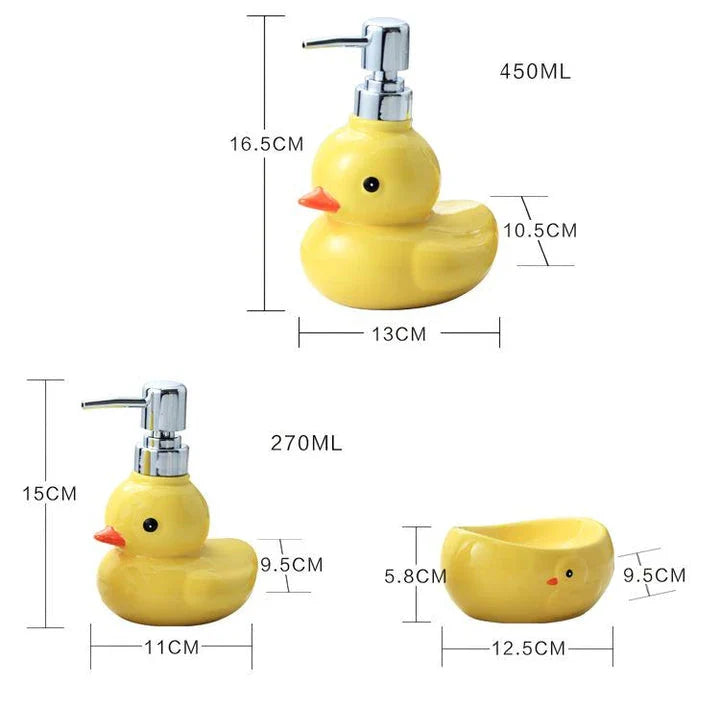 Adorable yellow ceramic soap dispenser with duck design and matching soap dish