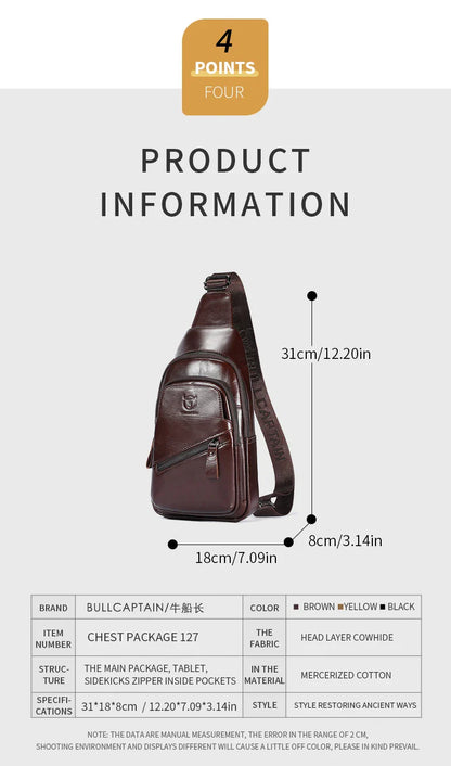 Bull Captain high-grade genuine leather men's shoulder crossbody bag in brown, black, and orange colours